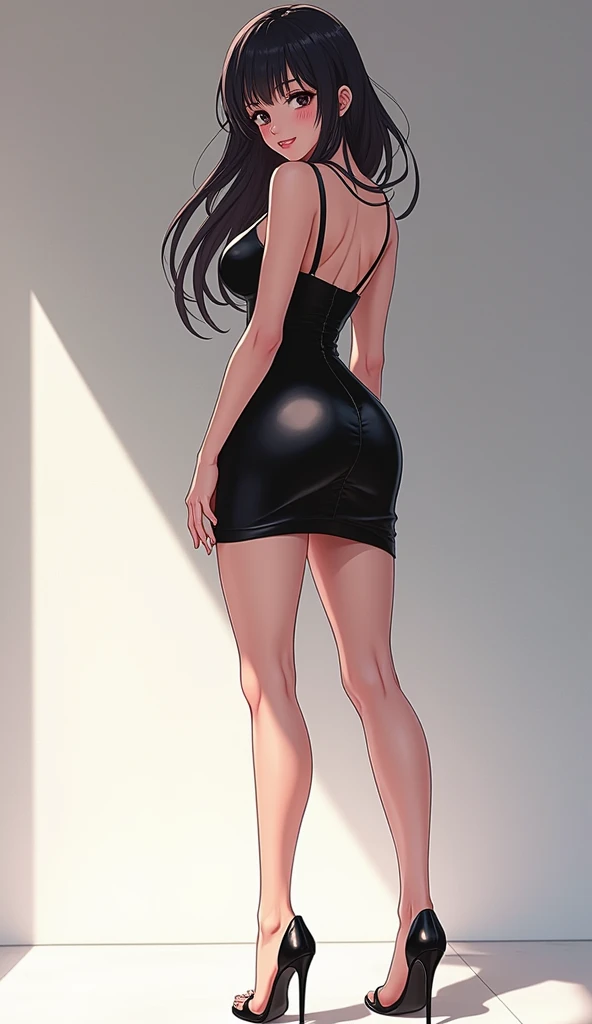 A really sexy and ecchi anime girl. With a short tight black dress, super high platform heels, long legs, tiny waist, huge round bust, 2. Walking from the side