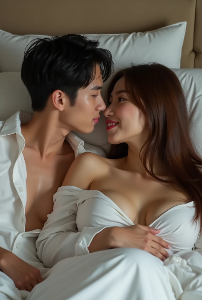 (Anatomically correct:1.4)、(Man and woman embracing in bed、Passionate embrace、Men and women face each other:1.4)、(The man grabbed her breasts:1.4)、Beautiful mature woman、Classy sex appeal、8K high resolution、Realistic、masterpiece、woman smiles kindly、Two women's hands、The man has two hands、