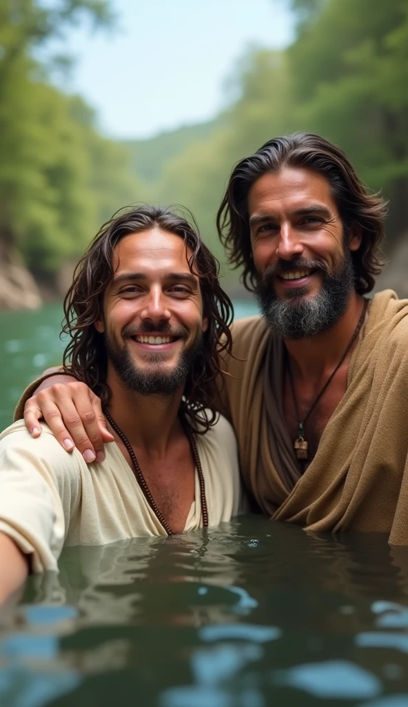 Resurrected Jesus Christ smiling next to an indigenous man in the middle of the jungle next to the river