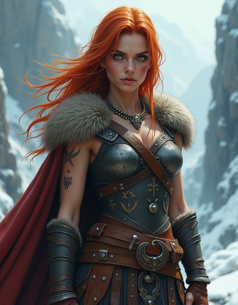 (masterpiece:1.2), (best quality:1.2), perfect eyes, perfect face, perfect lighting, 1girl, mature barbarian woman, close-up portrait, long messy red hair, under cut, moles, blue eyes, slicked back hair, (((warpaint, face paint))), unimpressed, arched eyebrow, fantasy, detailed snowy outfoor outdoor background, thick eyelashes <lora:warPaint_warPaint:1>