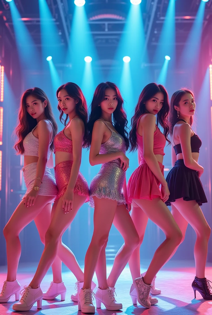 "Colorful and vibrant depiction of Girls' Generation, also known as SNSD, showcasing their individual beauty and dynamic poses. High quality rendering with detailed facial features, mesmerizing eyes, and perfectly styled hair. The background setting exudes energy and joy, with vibrant lighting, dynamic elements, and a sense of movement. The overall composition should capture the essence of Girls' Generation's music and charisma."