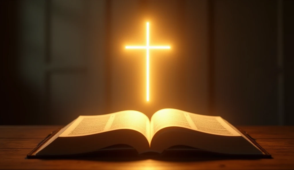 A glowing golden cross surrounded by a soft, radiant aura, floating above an open Bible, placed on a wooden table, with gentle light highlighting the pages, no human presence, cinematic quality.