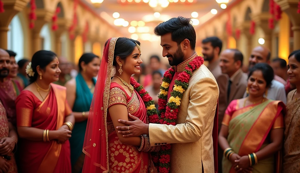 Generate an realistic of a indian wedding scene. The groom and bride are dressed in traditional attires. They are looking at each other and smiling. There are guests celebrating the wedding and having fun.