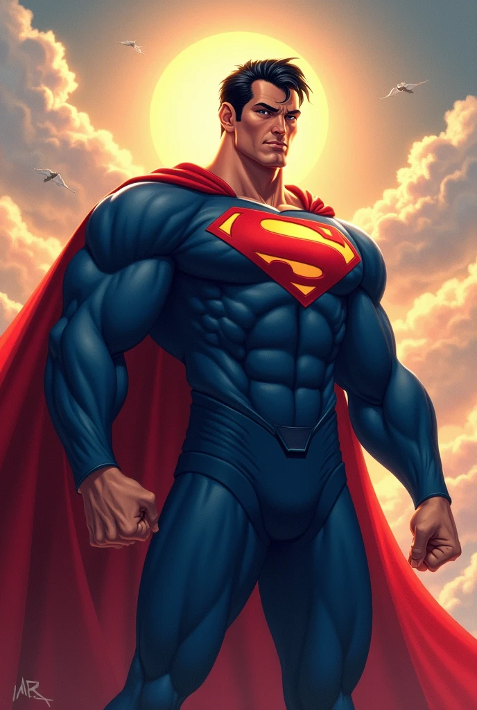 1970s.
 Dark dungeon, Superman pregnant, late pregnant Superman lying on his back on the floor with a large belly, holding his pregnant and growing belly lovingly, belly poking out of Superman costume, hairy body