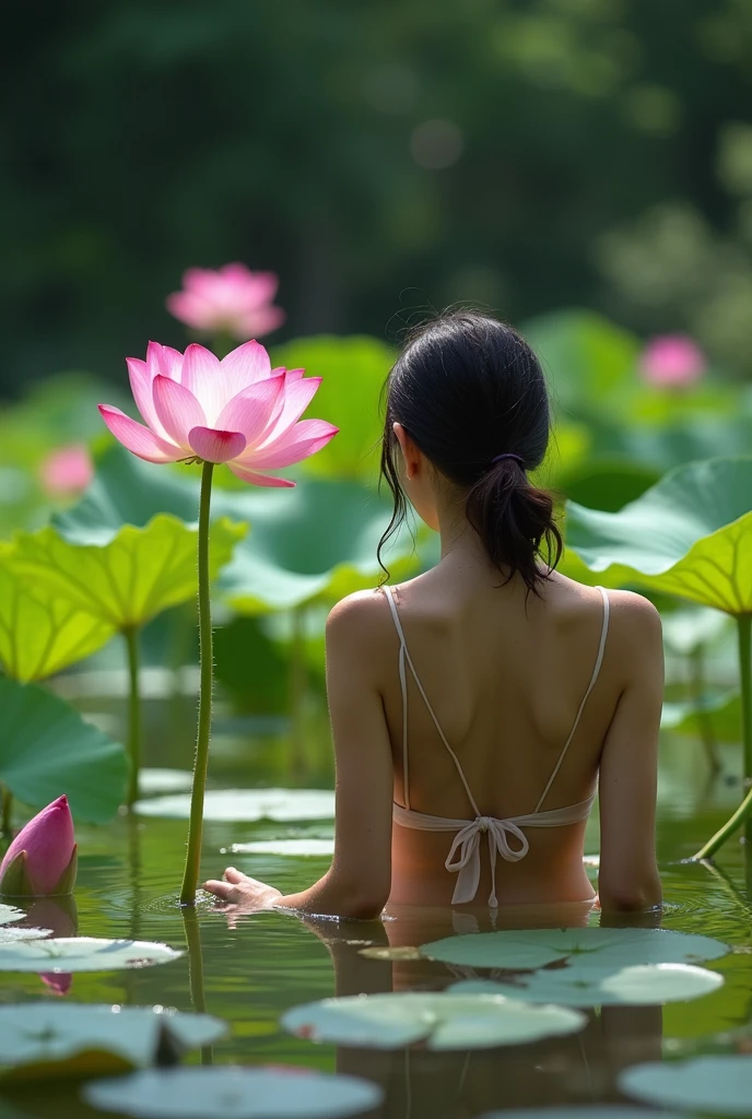 (photorealistic: 1.4), naked woman with long hair takes a bath in the lake, lotus flowers, clear water.