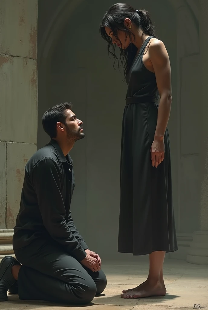 Create a scene where a smiling and beautiful Indian actress in black saree is carrying a large man on her shoulders inside a dark room, man is sitting on her shoulders 