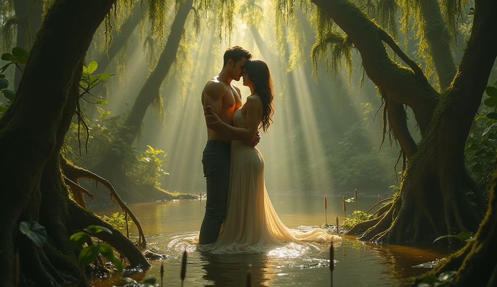 Dingdall effect, black and white photography (close-up of sunlight shining through thin mist on hugging couples), fog in tropical forests, beams of light, 32k uhd style, translucent water, high-definition photography, silver and green, low angle, flowing strokes,