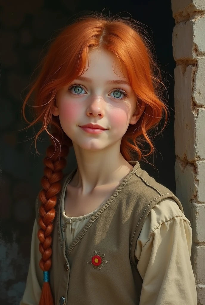 Russian style, children girl, portrait, long red hair of braids with hat, farmer style, with rolls of hay and wheat and horse, barns, apples.