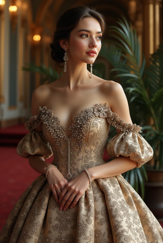 (Photorealistic realism 16K quality), ((ultra insanel quality, professional digital art)), ((focus on extremely Realistic Proportion Body, Anatomically Correct:1.2)), Beautiful Girl, Half Body Portrait, Black Eye Shadow, ((Street Style Wear:1.35) )), (city background:1.25), finer details, intricate, beautiful details glow, (super details beautiful, slim and sharp features), (bright pale complexion). break, (insanely detailed brown_ eyes:1.25), (tired, sleepy and satisfied:0.0), perfect round eyes, (finely detailed pupils:1.3), detailed, ((smiling, joyful face)), (perfect composition), Depth of field, cinematic light, Lens flare, dslr, best high quality soft lighting, sharp focus captured by Fujifilm XT3, f 5.6, in a dramatic lighting, ((Best Quality)) ,((masterpiece)), intricate details, dry skin, best high quality real texture skin, (A woman with velvety skin:1.3), (best high quality real texture hair), (blonde hair(wavy combed up, behind the ear:1.22)), (firm big full breasts), (slim muscled body), she is the embodiment of beauty and allure, ((Dressed in a breath taking, silk Dolce & Gabbana.Floral dress:1.3)), elegant fashion intricately detailed:1.28), floral couture, (clothes made of silk and flower:1.3), 3/5 long, (closeup to her face)