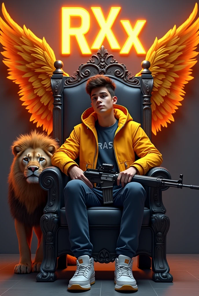 Create a 3D illusion for a profile picture where a cute 22 year old boy wearing specs and in a Blue jacket is sitting comfortably on a King of Beasts throne chair. With a laser rifle in his hand. And a ferocious lion beside me. Wearing sneakers, he looks ahead. "SAKTHI" is written in large, Blue neon light font on the dark brown wall in the background. He has no shadow and also has wings to make it look like he is an angel.