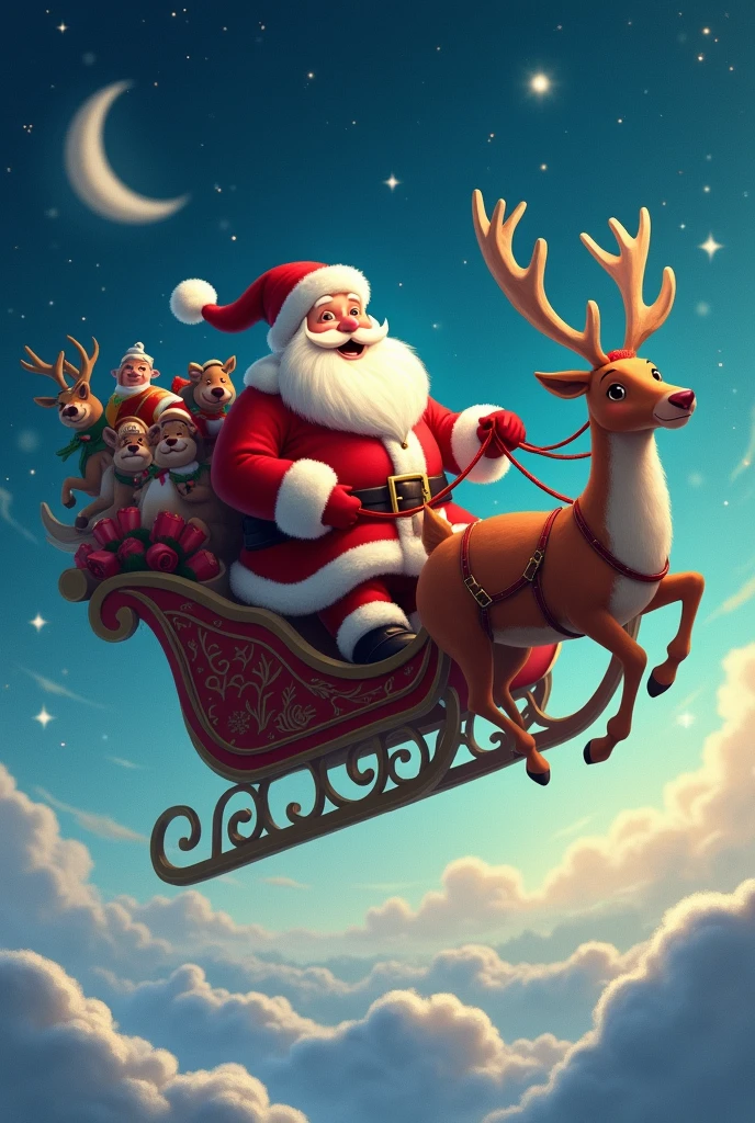 (((Stickers, Sticker))), dreamy christmas eve, crystal santa, Carrying a bag of gifts, Wearing crystal glass Christmas costume and hat, Sitting on a crystal sleigh, There is an extremely beautiful crystal reindeer, (((white border frame,Sticker,a sticker))),Orange background