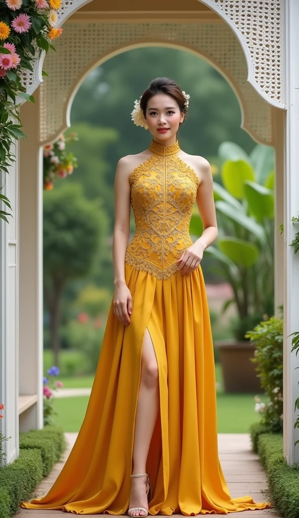 Burmese girl with attractive curvy full body.  Full body suit of friends.  ((Mostly Color Dress)) A long dress painted with reflective flowers.  A single outfit.  ((full body))hi gh hips High resolution tion High resolution nature background High resolution HD 3D,  8K animated anim