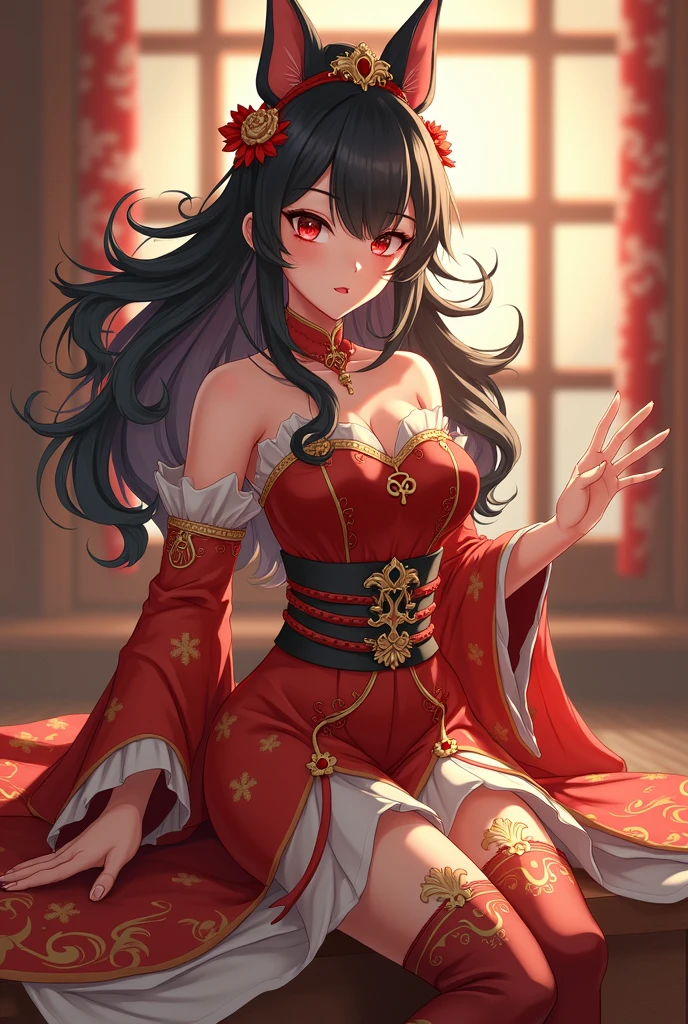 Object expression: the mouth is slightly upturned, slightly arrogant; The eyes are half-open, revealing a faint sweet breath; The eyebrows are raised lightly, slightly defiant.
Hairstyle and color: long black hair, two bows coiled on both sides, feminine.
Clothing style and color: wearing a red Chinese long dress full of oriental charm, the skirt is long and flowing, rippling in the breeze; Exudes an enchanting aura.
Accessories on the figures: wearing a delicate and ornate gold necklace inlaid with polished and rounded rubies, shimmering with brilliant light; On his wrist is a gold wristband inlaid with purple crystals that shine with crystal clarity.
Character pose: left hand supporting the waist, right hand crossed in front of the waist, red skirt gently swaying with the breeze.
The light of the environment: the setting sun shines obliquely, through the gauze curtain outside the window, sprinkling on the female emperor, creating an ambiguous atmosphere.
Ambient atmosphere: exudes a mysterious and sweet atmosphere.
Environmental features: The room is decorated with elegant classical furniture, which match each other to highlight the atmosphere of classical beauty.
Ambient time: At dusk, the sky is slightly dark and the lights are dim.
