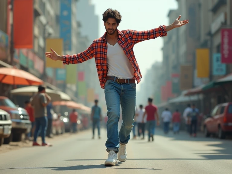 A young boy above 20 years old wearing loose jeans pant with check shirt, with tomboy style, white action shoes, dancing on the road,face is like SRK