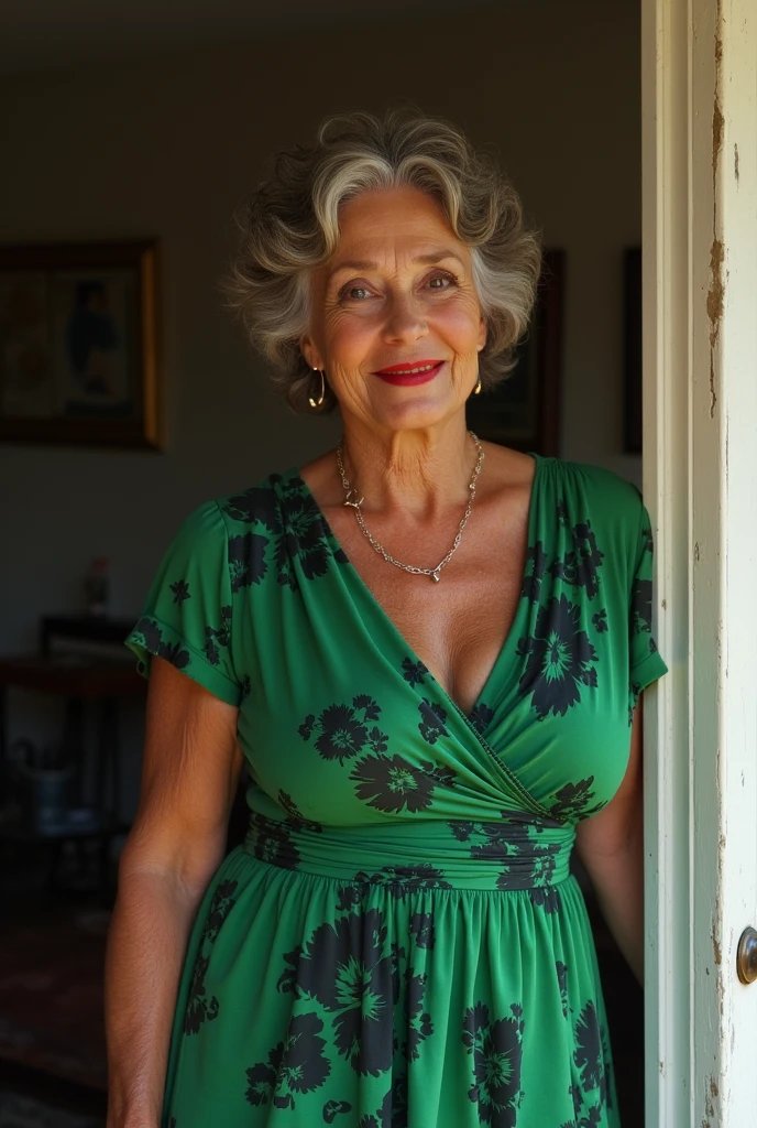 A confident older woman 70yo walks down a city street wearing a vibrant (green chiffon dress with a deep neckline). (Gigantic breast:1.4), She has stylish, wavy silver hair and bold red lipstick, complemented by a chunky green bead necklace.