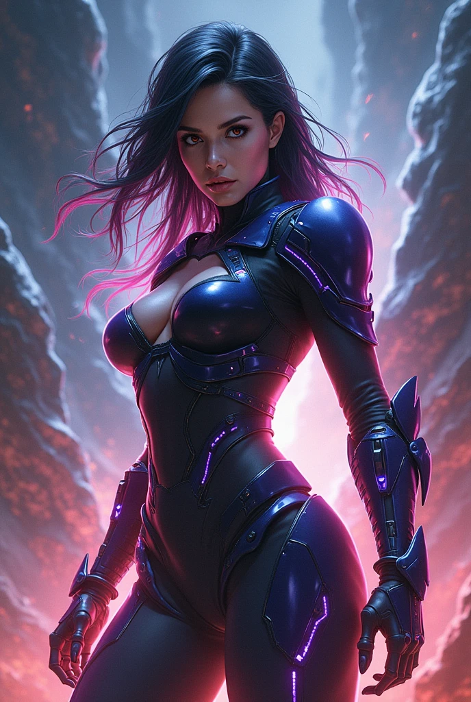 (La mejor calidad,A high resolution,Ultra - detallado,actual),Ariana Grande es Gamora cyborg ,(pose vaquero) ,(cabello largo violent :1.4), (Ruined dungeon ruins background:1.4 ), epic fantasy art style hd, 4K fantasy art, epic fantasy digital art style, epic fantasy art style, Fantasy Woman, epic fantasy art portrait, Epic fantasy style, hyperrealistic fantasy art, hd fantasy art, epic fantasy character art, epic fantasy art, in style of dark fantasy art, epic fantasy digital art, More detailed 8K.unreal engine:1.4,UHD,La Best Quality:1.4, photorealistic:1.4, skin texture:1.4, masterpiece:1.8,first work, Best Quality,object object], (detailed face features:1.3),(The correct proportions),(Beautiful blue eyes),  (cowboy pose), (face detailed :1.4), (anatomía perfecta detallado :V2.1), (Gamora :1.4), (Gamora Zen Whoberi Ben Titan:1.4), (colores brillantes cyberpunk), (uniforme látex BodySuit plastic violet :1.4), (particulas de fuego seniza lava magma :1.4), (cyborg mecánica violent plastic transparent :1.4), (circuito visibles transparente :1.4), (cyborg :V2.1), (cyborg translúcido visible :1.4) 