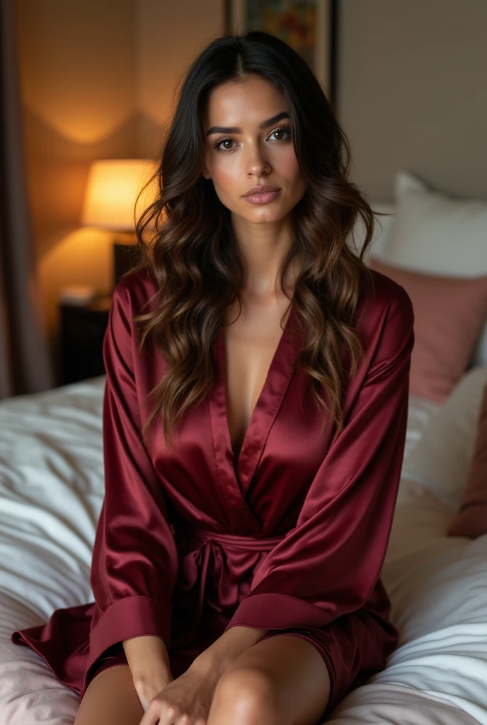 22 year grils Beautiful  Young slim woman in red bathrobe smiling on a pink background in the studio. Sexy girl with beautiful healthy long hair and beautiful smile