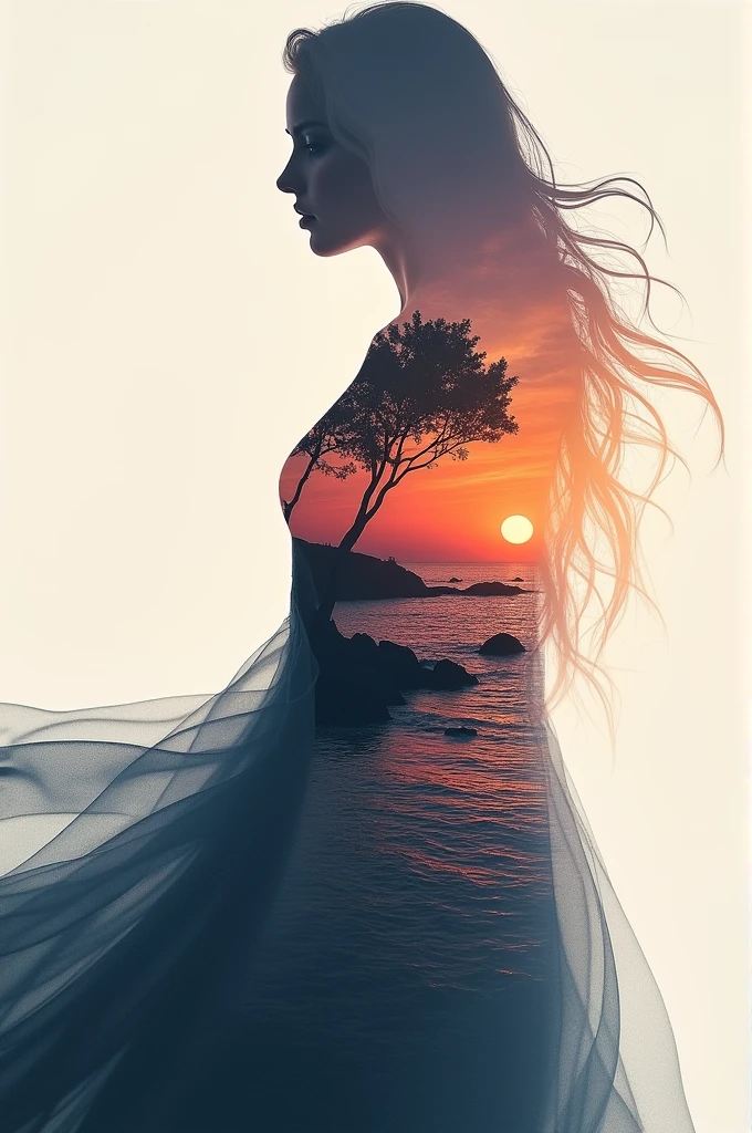 Anime high quality, 8K Ultra HD, A beautiful double exposure that combines an goddess silhouette with sunset coast, sunset coast should serve as the underlying backdrop, with its details incorporated into the goddess , crisp lines, The background is monochrome, sharp focus, double exposure, by yukisakura, awesome full color,