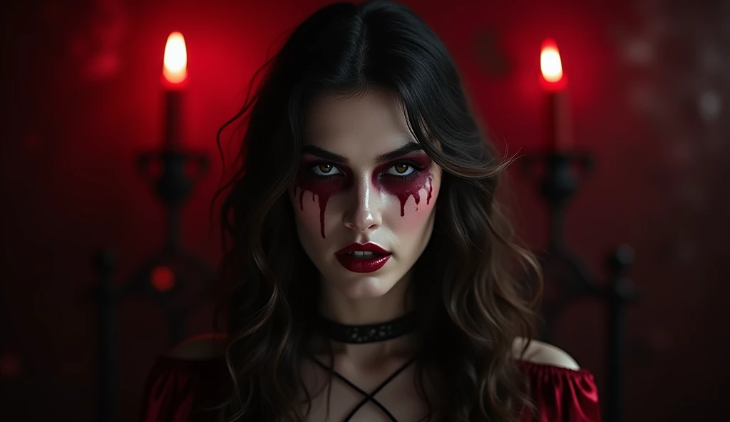 full view, dark hair, woman, 30 years, red lipstick, topless, detailed skin, seducive, making a dark ritual with fire, dark scene, blood on her lips, a lot of candles, candlelight,