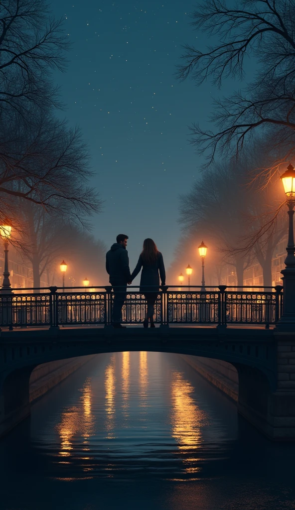 A young couple standing by the river, embracing and kissing each other in the city night, with dim lights.