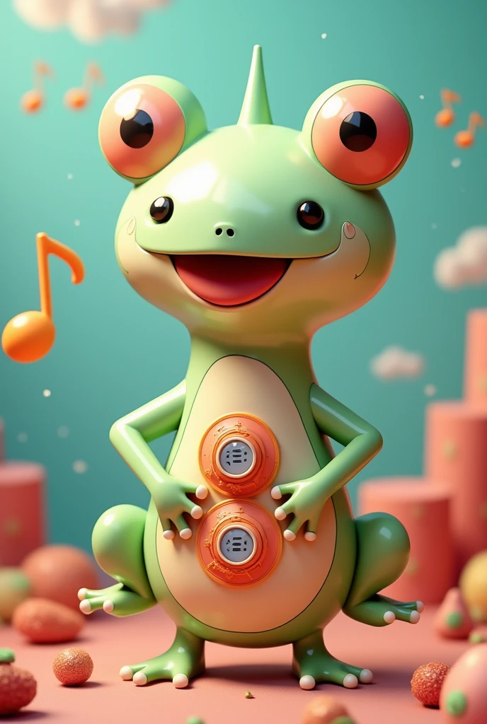 Best quality at best，tmasterpiece，A high resolution，Original，simplebackground，Cartoon frog with headphones and a flower, Green frog, shape of frogs，White belly，Blushlush，Black colored eyes