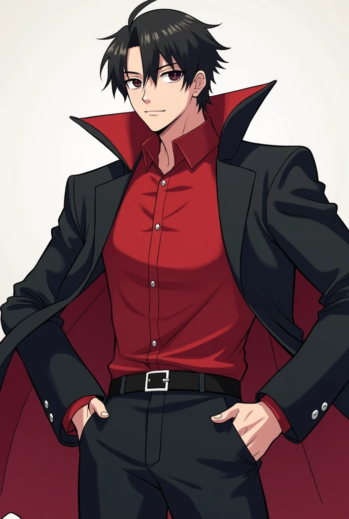 a cartoon picture of a man in a red shirt and black coat, inspired by Okumura Masanobu, inspired by Yamagata Hiro, inspired by Okumura Togyu, inspired by Un'ichi Hiratsuka, as an anime character, inspired by Sakai Hōitsu, single character full body, anime style”, with cape