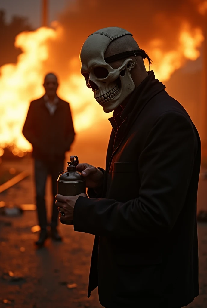 1 male, furry White bloody rabbit mask with creepy smile and yellow bloody teeth, holding gasoline can and pouring it in the burned house, completely Black hoodie, ethereal, detailed, masterpiece, best quality, dramatic lighting, full body, side shit, torn Black pants, blood stains, massacre in the background, horror, creepy