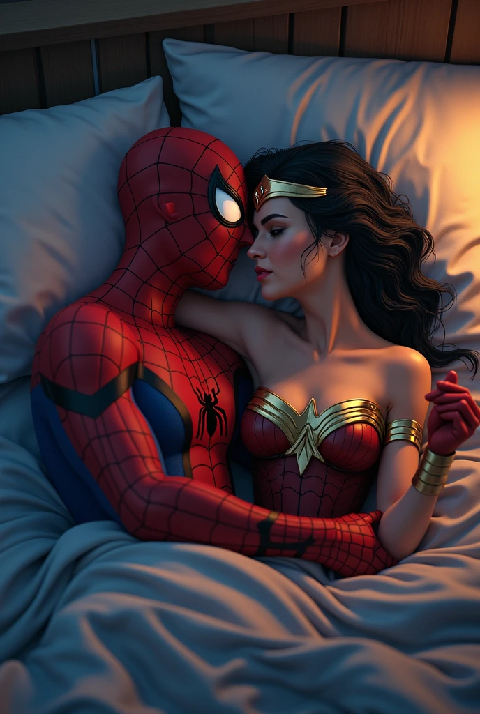 Spiderman with his mask on sleeps with muscular and athletic body Wonder Woman