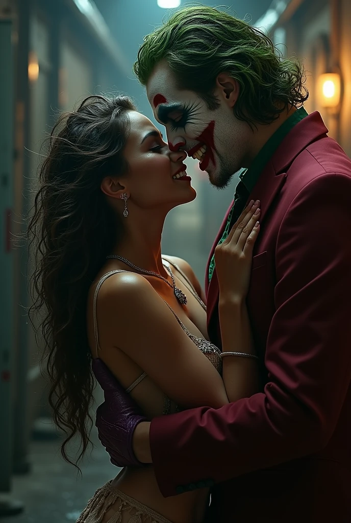 Image haute qualité 16K, photo realistic, seen very close. The man, resembling Heath Ledger as The Joker and a woman resembling Margot Robbie as Harley Quinn stand in a narrow, dark catacomb. their hair is wet, dégoulinant d'eau, tout comme leur visage, où le maquillage emblématique du Joker a commencé à couler. Les lignes noires de ses yeux se sont estompées en traînées sinistres, et son sourire rot sanglant semble déformé, ajoutant à l'horreur de son apparence. L'expression de son visage est effrayante, avec un sourire moqueur qui dégage une menace palpable. Her eyes, almost crazy, sparkle with a malevolent glow, rendant son regard terrifiant. Water drops slowly fall from the low, vaulted ceiling, giving the scene an even more oppressive and claustrophobic atmosphere. The ceiling is so low that his head almost seems to touch the vault.. He holds a flickering candle in his hand, the faint flickering light partially illuminating his face twisted into a cruel smile, while the rest of the catacomb remains plunged into darkness. La lueur de la bougie accentue les ombres sur son visage, créant des contrastes inquiétants qui amplifient la sensation de peur. The background is almost completely black, plongeant le reste de l'espace dans une obscurité insondable, as if evil emanated from this darkness. La combinaison de l'humidité étouffante, des murs suintants, and the man&#39;s terrifying expression creates a scene of pure terror, où le danger semble tangible, and the possibility of escaping this horror is non-existent. Harley Quinn se tiens très proche du joker, Her face is made up in white, rappelant le style d'un clown, avec des traits accentués des yeux soulignés de noir épais et un rot à lèvres vif, rot . She has a mischievous look, malicieux, un sourire en coin. has a small black heart drawn on the cheekbone.
