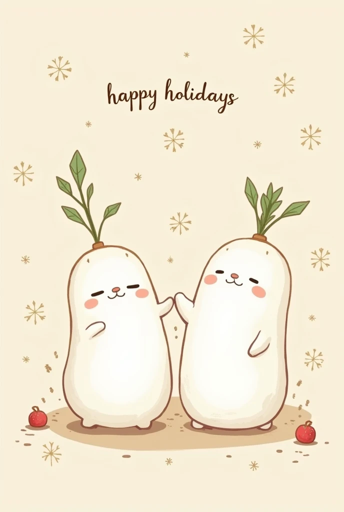 masterpiece,  greeting card design ,text:((("Happy Holidays"))),  2 Cute Japanese White radish Characters, it has leaves  、Soft Shaded Wallpaper  、  Cute Christmas Motifs Patterns ,  high image quality,  Soft Contrast 