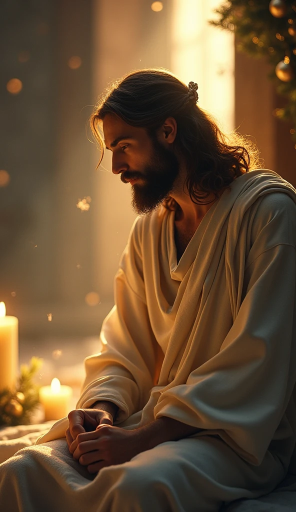 Create an ultra-realistic image of a serene and spiritually charged moment. A person is seated in a calm, softly lit room, holding a glass of water in their hands, preparing for a powerful blessing ritual. The room exudes warmth and peace, with elements such as a wooden cross on the wall, a Bible on a small table, and a few candles softly glowing, symbolizing faith and divine presence. The person's expression is focused and filled with anticipation, embodying the deep faith that connects them to something greater. Sunlight filters gently through a window, adding a divine glow to the scene. The image should evoke a sense of sacredness, emphasizing the importance of faith, gratitude, and the transformative power of spiritual rituals.