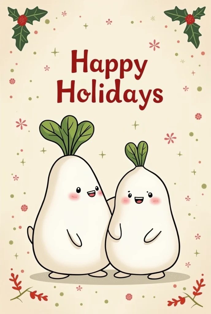 masterpiece,  greeting card design ,text:((("Happy Holidays"))),  2 Cute Japanese White radish Characters, it has leaves  、Soft Shaded Wallpaper  、  Cute Christmas Motifs Patterns ,  high image quality,  Soft Contrast 