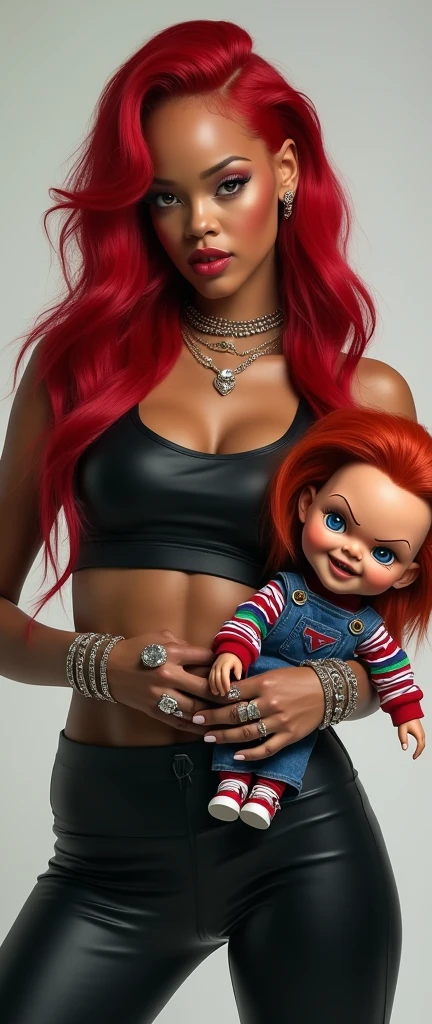 Bratz girl with detailed eyes and big lips, full body , plastic skin , doll joints, masterpiece, top quality, best quality, beautiful and aesthetic:1.2), doll, revealing clothes, big head, 1girl, solo, breasts, curvy, wide hips, narrow waist, joints, doll joints, cleavage, bursting breasts, huge breasts, lips, 1girl, midriff, full body, high heels, thighhighs, wangari, 1girl, solo, dark skin, dark-skinned female, big hair, orange hair, blue headwear, blue_cap, brown eyes, ear piercing, smile, teeth, breasts, medium breasts, thick thighs, barefoot, luna nova , miniskirt, belt, full body, 