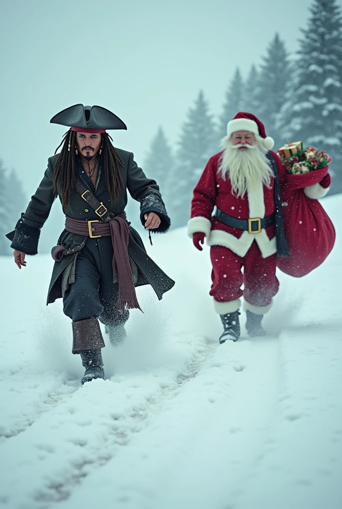 Imagem de fiel do ator John Depp vestido de Jack Sparrow do filme "pirates of the caribbean" At the extreme left of the image wearing a hat  ,   He is splashing snow everywhere with bent legs leaving perfect footprints in the snow just behind his feet making a path to the horizon ,  He has his arms stretched forward running after a Santa Claus who runs from him desperately running away from Jack open-mouthed with a red bag on his back, presents falling on the floor,  realistic image ,  as realistic as possible,  cinematic quality , 8k,  As detailed as possible 