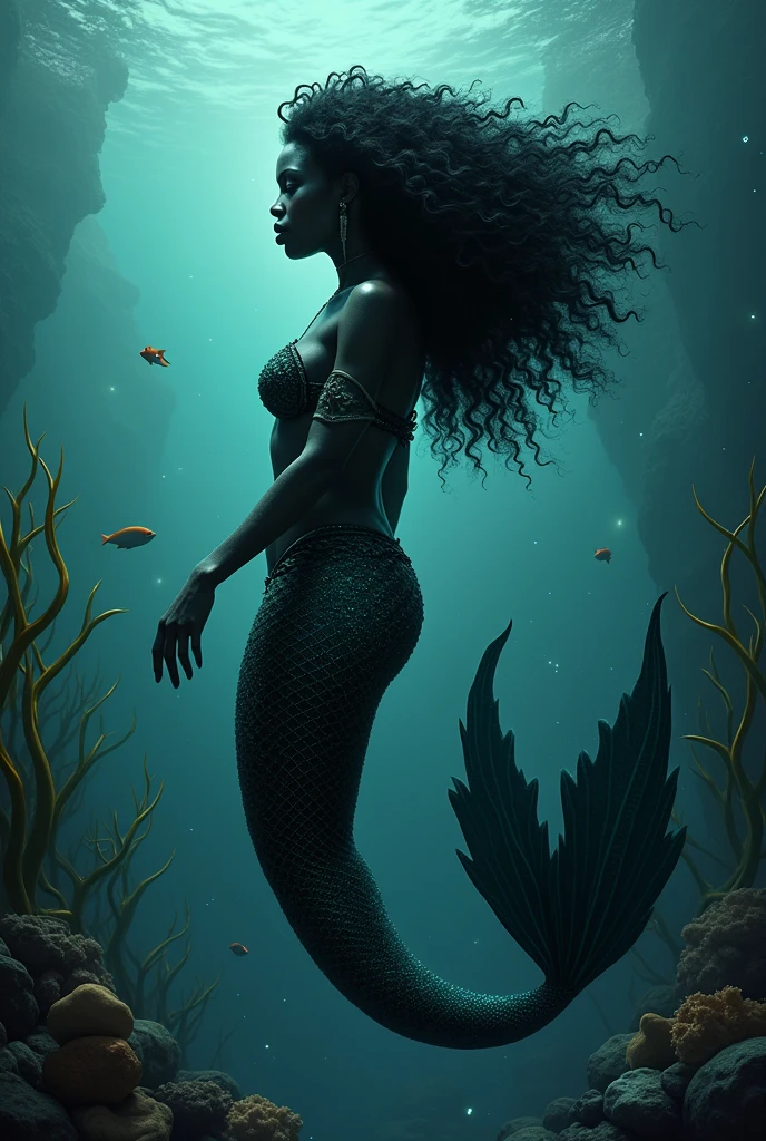 африканская женщина, Королева русалок, The sea goddess is a mermaid with dark gray skin and long black hair, complex detailed facial features, porcelain skin, Bright eyes, full lips, Slender figure, fish tail. She swims in the depths of a mystical ocean. Her long white hair is moving dynamically in the ocean. There is a crown on his head, bracelets on his hands, and a massive necklace with precious stones and shells around his neck. The tail is covered with scales. Sunlight breaks through the ocean. The goddess is glowing. Dramatic lighting, dramatic fantasy scene, Dark gloomy atmosphere, Detailed textures, Highly detailed, 8K, Cinematic, Award-winning artwork, Digital painting, Conceptual art, Photorealistic, Detailed eyes. Resolution 16K,Nikon Z9, digital photography, ultra textured leather, Realistic photography, Cinematic effect, soft light, soft shadows, high quality volumetric lighting