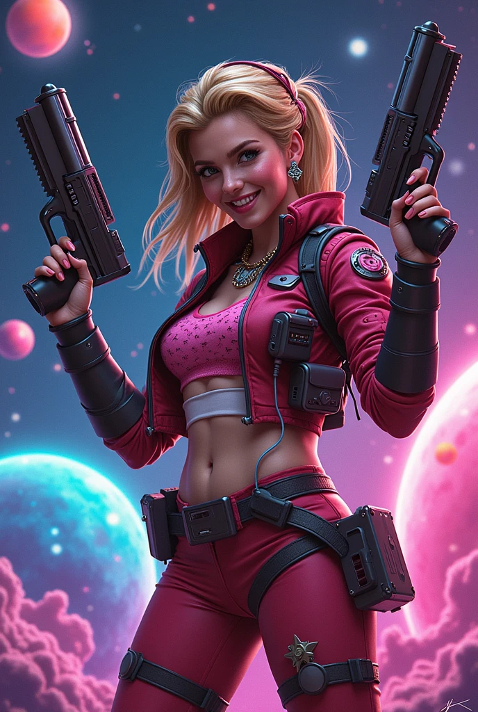 "(best quality,highres),blonde woman wielding a lightsaber,pink outfit,energetic pose,dramatic lighting,action-packed,fierce expression,sci-fi style,vibrant colors"