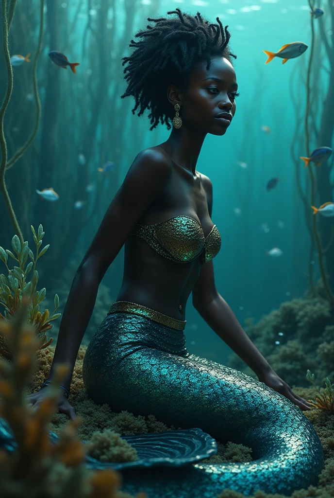 A brown skinned mermaid with voluminous black afro hair with a beautiful tail on a rock with several money, diamonds, Diamonds around you