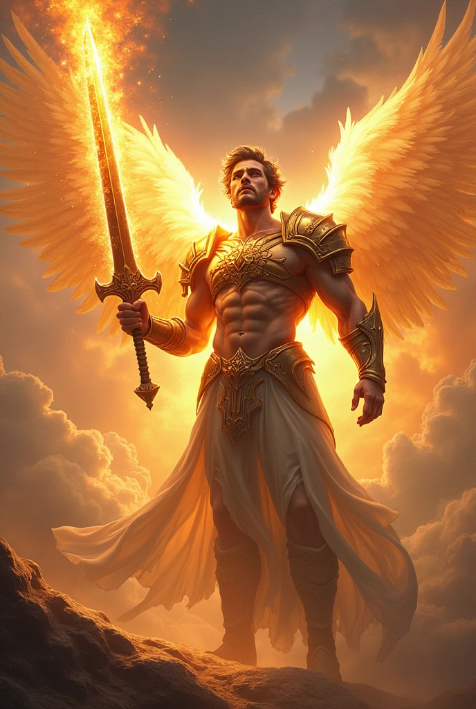 in a heavenly setting a dark male archangel holding a flaming sword