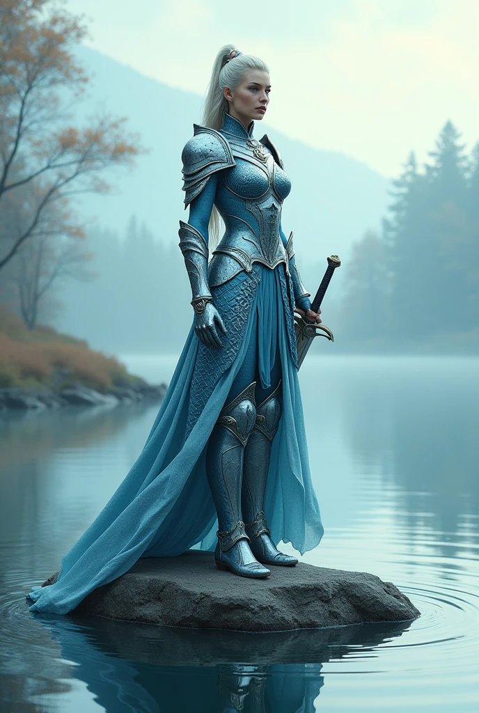 (Highest quality, Very detailed, (Ultra-high resolution,8k), ultra-detailed 4K, (Complete Hell Effect Anatomy, Anatomically correct), (Women with big breasts have a sexy appeal), ((Holy Knight in the Shallow Water)), ((Beautiful monster armor covering the whole body, Fully equipped)), (Sharp Eyes), ((The whole human body)), silver hair, (ponytail), (Dynamic configuration), High-quality facial beauty, (Beautiful blue eyes like sapphires), (Open your mouth), Wet body, Glowing Skin, (Fine skin,hair ), By the pond, Water Lily, Moss, Crystal clear and clean water, (((Midnight, dark))), (Determined Pose:1.3), Thrusting the sword into shallow water, (Holds a beautiful sword down to the last detail)