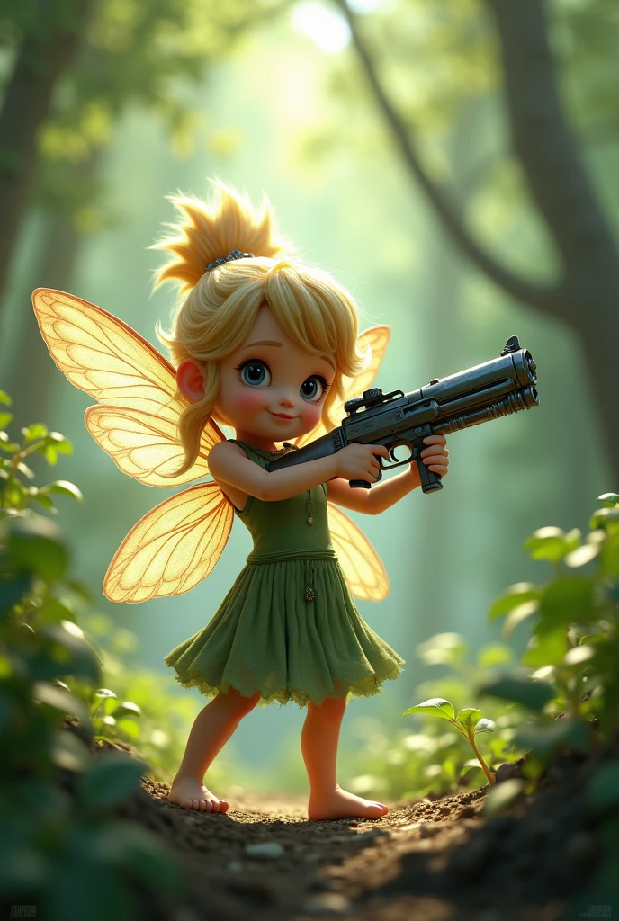 evil Tinkerbell with tattoos and a gun. wears military clothing