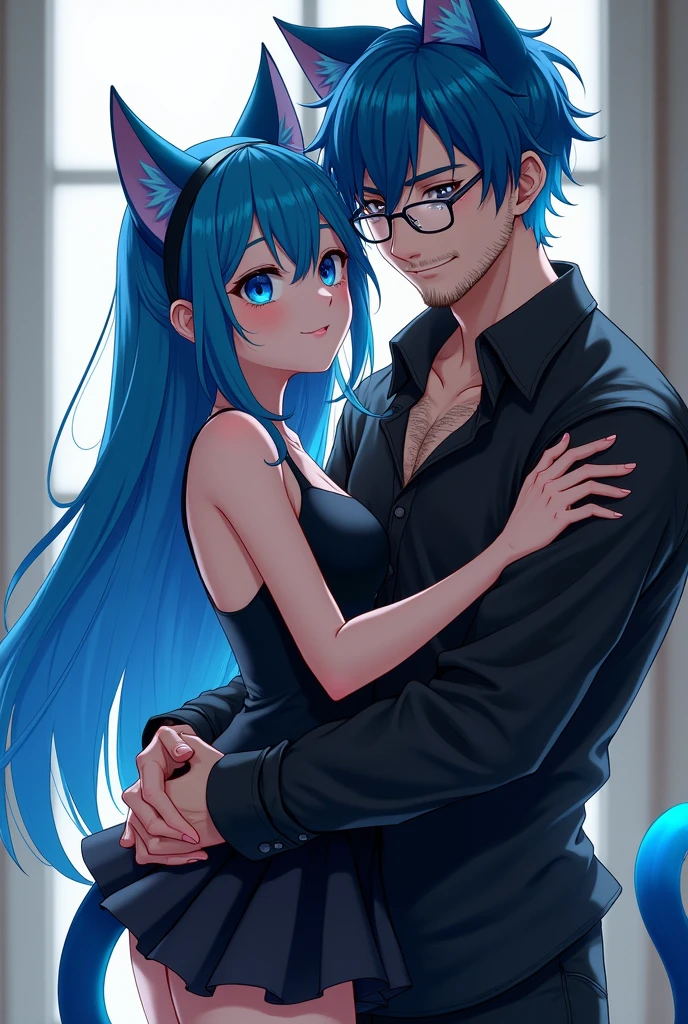 two figures, cute anime couple embracing, ((girl with long blue hair in gothic skirt and fishnet stockings, curvy and short)), ((tall boy with short dark brown hair and glasses)), starry night, autumn, blurry foreground, romantic