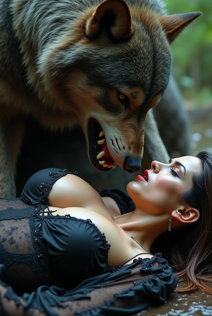 (Lara Croft, large breasts, sparse pubic hair) vaginal, oral, anal fucking by (many huge male gray wolves with knotted penis) in the forest