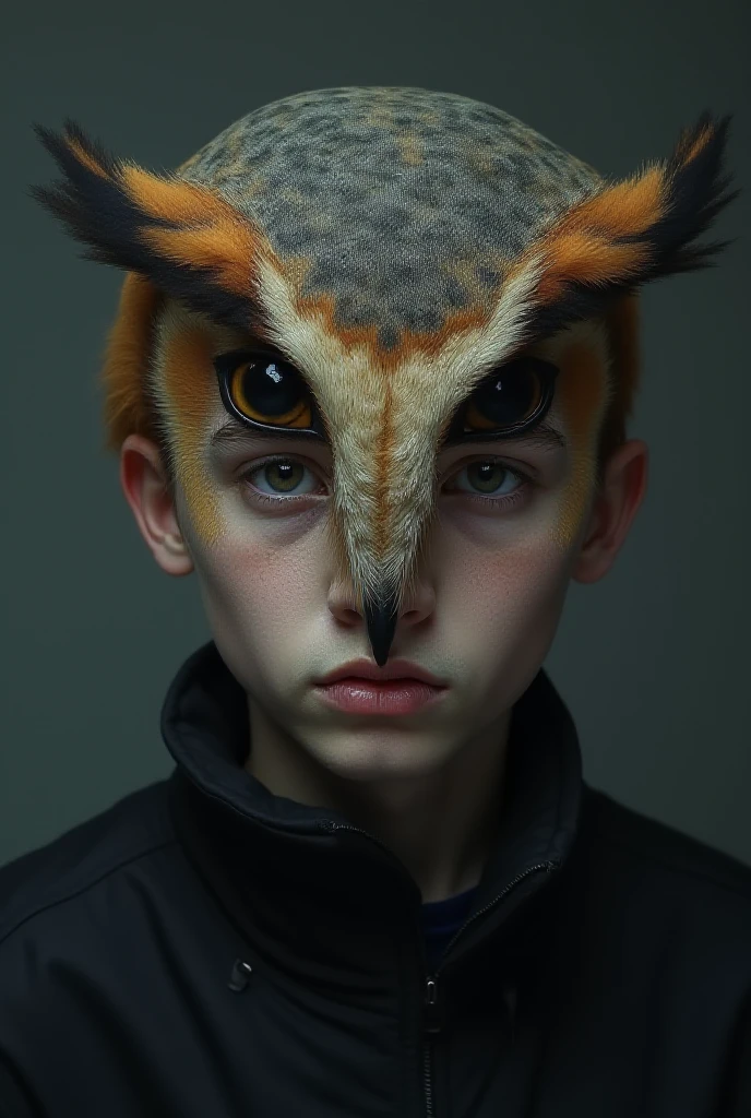 A boy wear helmet bird face on he head