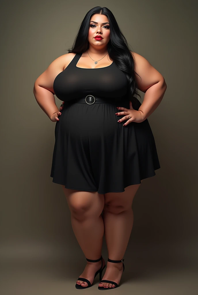 Madura, 20-30 years old, robust woman, huge busts, huge ass, wearing a long dress down to her feet, in black and high heels of the same color, transparentes, evil smile, safada, large hair.