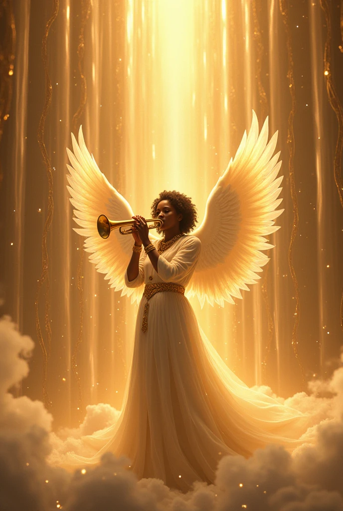 A brown skinned girl ,with big wings like an angel with a smile and braces on her teeth with black wavy hair in a beautiful white suit standing on a stage with a microphone