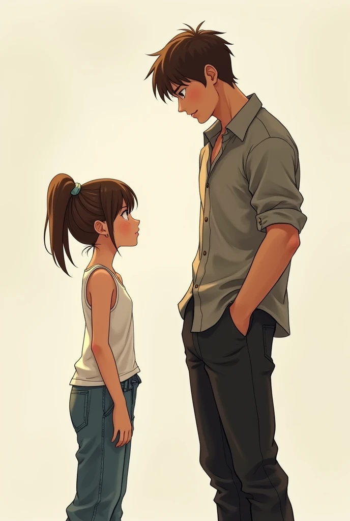 An innocent and cute girl wearing a white tank top and baggy jeans, with straight brown hair tied up on top, facing a tall, athletic boy in a manly shirt and black pants with a nervous expression.