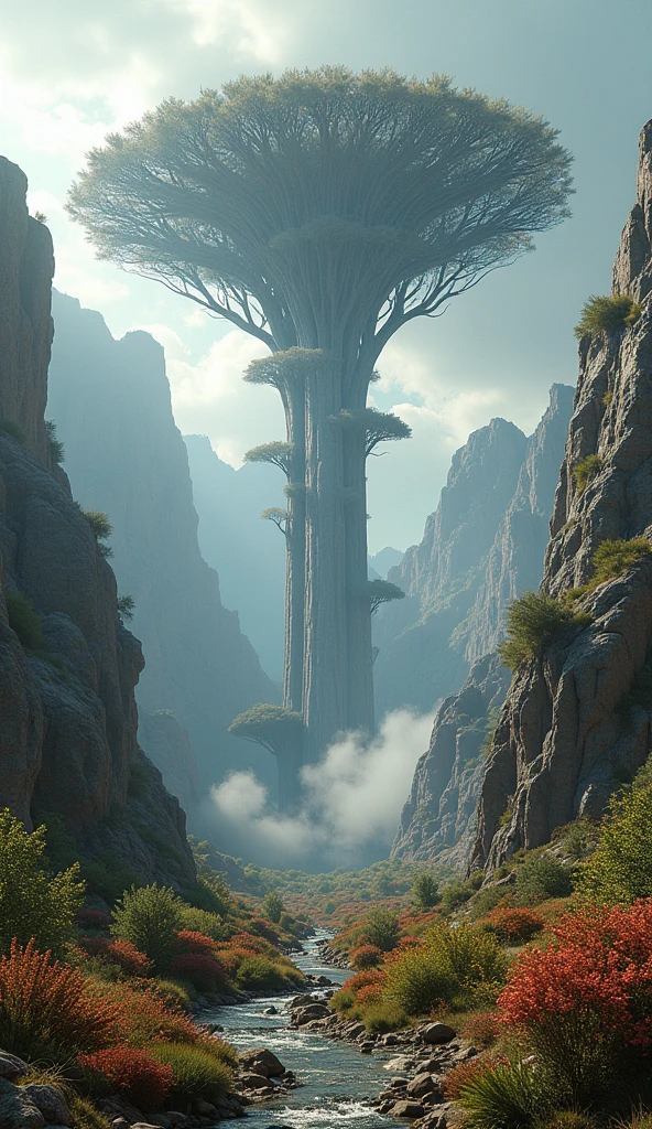An ultra-realistic digital image of mystery and science fiction, in a place similar to the Colorado Canyon, but millions of years ago there are massive silicon trees that rise very high in the sky, only in some can the tops be seen, in others they are covered through the clouds, below at its bases the exuberant nature extends alive and mysterious, a beautiful and mysterious image that reflects life eons of years ago.