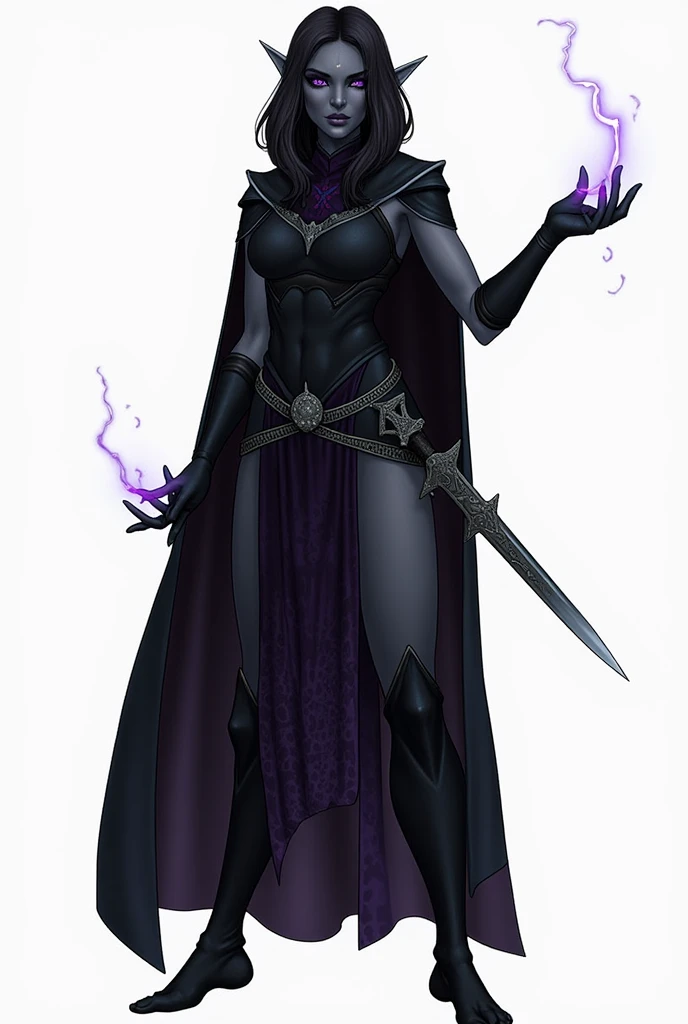 Masterpiece, standing straight symmetrical, full body female drow elf slave wearing an adventurer outfit, black blindfolded, (very purple skin)