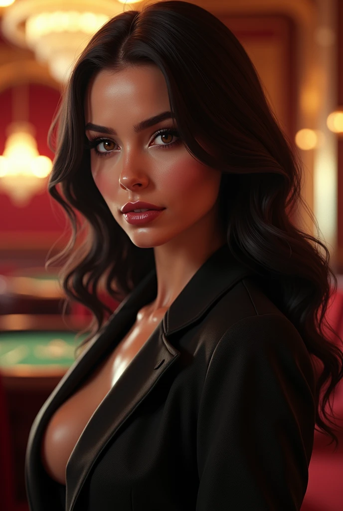 brown haired woman, eyes browns, Caucasian skin, Grinning, elegant outfit with neckline. She is playing poker in the living room