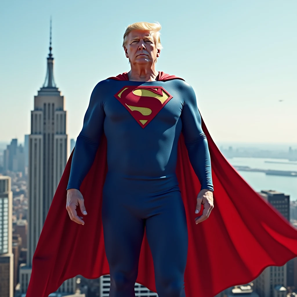 I want a stoic red and blue Donald Trump sculpture with a black and white background. The image should focus on the Donald Trump Superman costume. Must be a full body sculpture with walls or buildings in the background.. 


